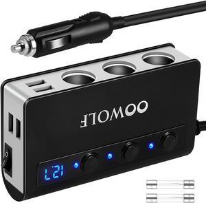 OOWOLF 7 in 1 180W Quick Charge 3.0 Cigarette Lighter Adapter, with Cigarette Lighter Function, for 12V-24V Car, 3-Socket Splitter, 4 USB Ports Car Power Adapter for GPS, Dash Cam, Phone, Tablet etc