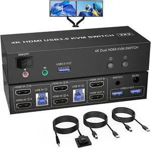 Ennovor USB 3.0 Dual Monitor KVM Switch HDMI 2 Port, 4K@60Hz Extended Display KVM Switch 2 Monitors 2 Computers with Audio Microphone Output and 3 USB 3.0 Ports, PC Monitor Keyboard Mouse Switcher
