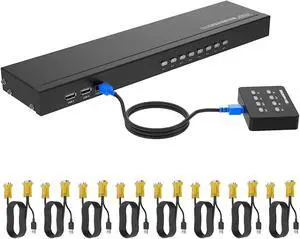 VGA KVM 8 Port, USB VGA Rackmount KVM + 8 KVM Cables + 4 USB Hubs + Wired Desktop Selector + Rack Mount Ears