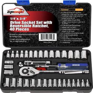 40 Pieces - EPAuto 1/4-Inch & 3/8-Inch Drive Socket Set with 72 Teeth Reversible Ratchet