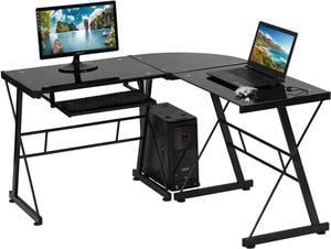 Gaming Computer Desk with Keyboard Tray, L Shaped Computer Desk PC Laptop Racing Writing Study Table Tempered Glass Dual Monitor Wok Station with CPU Stand, Black