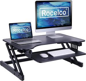 Rocelco 32" Height Adjustable Standing Desk Converter - Quick Sit Stand Up Dual Monitor Riser - Gas Spring Assist Tabletop Computer Workstation - Large Retractable Keyboard Tray - Black (R ADRB)