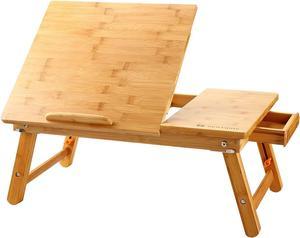 Laptop Desk Nnewvante Table Adjustable 100% Bamboo Foldable Breakfast Serving Bed Tray w' Tilting Top Drawer