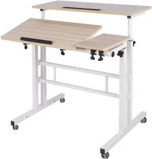 Rolling Standing Desk Height Adjustable, 31.5 inch Mobile Stand Up Computer Desk, Sit-Stand Tiltable Top Desk Laptop Stand for Small Spaces, Tall Table for Standing or Sitting, Maple