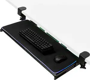 Large Under Desk Keyboard Tray with RGB LED Light Mouse Pad, C-clamp Mount, 27 (33 Including Clamps) x 11 inch Slide-Out Platform Computer Drawer for Typing, Black, MOUNT-KB05P