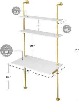 MAIKAILUN White and Gold Desk, 36" Ladder Desk, Wall Mount Computer Writing Table Pipe Shelf Shelving Mini Narrow Industrial Modern for Small Spaces(36x20x81)