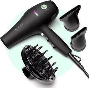 Professional Series BLACKBIRD Ionic Hair Blow Dryer with Diffuser by MINT | Extremely Quiet and Lightweight with 1875 Watts of Salon-Grade Drying Power.