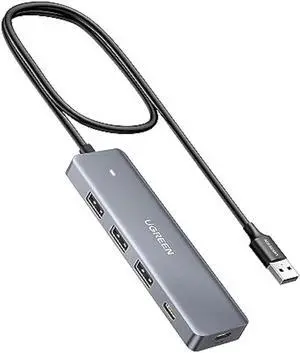 UGREEN USB Hub 4 Ports, C & 3 A Multiport Adapter, 2ft Long Cable Powered 3.0 Hub With C Power Port for Laptop, Desktop, PS5, Xbox Series, and More Devices