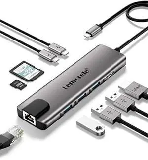Lemorele USB C Hub Multiport Adapter 9 in 1 w/Gigabit Ethernet, 100W PD, HDMI 4K, 3 USB 2.0, 5Gbps USB C Data Port, SD/TF Card Reader, Dongle Docking Station for MacBook Lenovo HP Dell Laptops