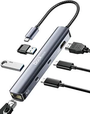 USB C Hub Ethernet,6 in 1 Laptop Docking Station, Dockteck USB C Multiport Adapter with 4K@60Hz HDMI, 100W PD, 1Gbps LAN, 2 USB 3.0 for MacBook Pro/Air, Surface Pro, XPS and More