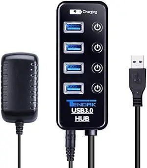 USB 3.0 Hub - Tendak USB Hub with 4 USB 3.0 Data Ports + 1 USB Smart Charging Port and Power Supply Adapter with Individual On/Off Port Switches for MacBook, Mac Pro, HDD