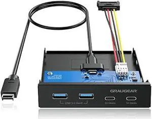 GRAUGEAR 3.5 Inch Front Panel Hub, 4 Ports Internal Metal USB Hub, 2X USB-C 10Gbps and 2X USB 3.2 Gen 2 Ports, USB3.2 Type-E Key-A 20-Pin Header & 15-Pin SATA Power Connector Required [G-MP02]