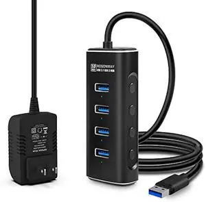 Powered USB Hub, Rosonway 4 Ports USB 3.1/3.2 Gen 2 Hub 10Gbps with 3.3ft Data Cable, 5V/2A Power Adapter and Individual Switches, Aluminum USB Port Hub Splitter for PC and Laptop, RSH-A104