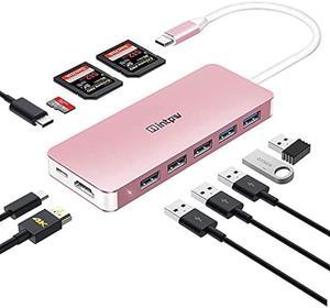 Intpw 11-in-1 USB C Hub, 4K USB C to  Adapter, 3 SD/MicroSD Card Reader, 5 USB 3.0/2.0 Ports with 87W PD Charging Port for MacBook Pro 2018, Chromebook, XPS, Nintendo Switch and More (Rose Glod)