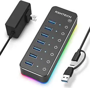 Powered USB Hub, RSHTECH RGB 7 Ports USB 3.0/USB C Hub with 14 Mode RGB LED Strip, Individual Touch Switches, 3.3ft Cable and 5V/4A Power Adapter, Aluminum Gaming USB Hub for PC and Laptop, RSH-518R