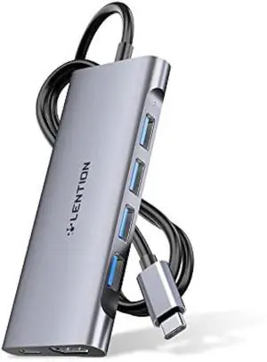 LENTION 3.3FT Long Cable USB C Multiport Hub with 4K HDMI, 4 USB 3.0, Type C Charging Compatible 2024-2016 MacBook Pro, New Mac Air/iMac/Mac Mini, More, Stable Driver Adapter (C35-1M, Space Gray)