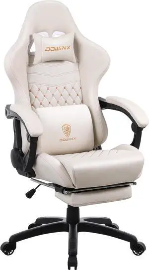 Dowinx Gaming Chair Office Desk Chair with Massage Lumbar Support, Vintage Style Armchair PU Leather E-Sports Gamer Chairs with Retractable Footrest (Ivory)