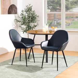 glitzhome Mid-Century Dining Chairs Set of 2 with Arm Leatherette Seat Metal Legs Living Room Bedroom Kitchen Modern Furniture, Navy Blue