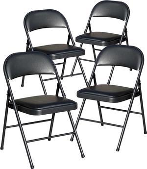 KAIHAOWIN Folding Chairs Set of 4 Vinyl Folding Metal Chairs Easy Foldable Padded Chair-Stackable Morden Commercial Seat with Powder-Coated Durable Metal Frame for Indoor Office- Black