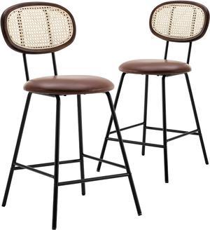 Farini Bar Stools, Bar Stools Set of 2 with Rattan Back, 24 Modern Kitchen Bar Stools for Bar Counter, Kitchen and Home(Brown)