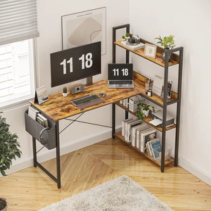 Computer Corner Desk with Shelves, 47 Inch Small L Shaped Computer Desk with Shelves, Home Office Writing Desk with Side Storage Bag, Brown Computer Corner Desk with Shelves, 47 Inch Small L Shaped Computer Desk with Shelves, Home Office Writing Desk with Side Storage Bag, Brown