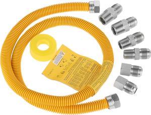 48"Gas Hose Connector Kit Gas Line for Dryer, Water Heater, Stove- 5/8 In. OD (1/2 In. ID) 1/2 In Flexible Gas Line, FIP X 1/2 In. MIP X 3/4 In. MIP Fitting, Stainless Steel, Yellow Coated