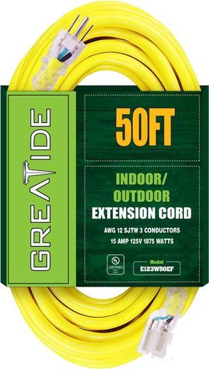 GREATIDE 50 Ft Lighted Outdoor Extension Cord - 12/3 SJTW Heavy Duty Extension Cable with 3 Prong Grounded Plug - 15 Amp Power Cord for Lawn, Garden, Appliances