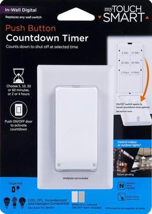 myTouchSmart Push Button in-Wall Digital Countdown Timer Switch, ON/Off Door Button, 5-10-30-60 Min. and 2  4 Hr Presets, for Lights, Exhaust Fans, Heaters, White/Lt. Almond Doors Included, 40953