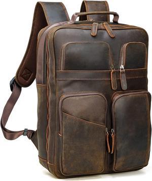 Polare 17.3 Inch Full Grain Leather Laptop Backpack for Men Multi Pockets Business Travel DayPack Rucksack