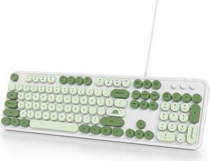 Owpkeenthy Typewriter Green Matcha Cute Keyboard with Floating Round Keys, Full Size Wired Retro Keyboard Click Feeling with Foldable Stands for Laptop Office PC Desktop Windows (Matcha)