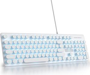 Mosptnspg Wired Quiet Membrane Keyboard,Full Size 104-Keys Retro Punk Typewriter Blue LED Backlit USB Ultra Slim Gaming Keyboard with ABS Round keycaps for Windows/PC/Laptop(White)