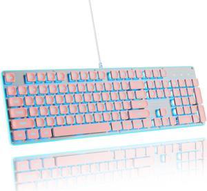 surmen G1000 Typewriter Backlit Pink Keyboard Full Size 104 Keys with Metal Panel, Silent Membrane Quiet Office Gaming Keyboard USB Wired for PC Desktop Computer(Pink)