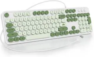 Wired Typewriter Keyboard Full Size Green Matcha Keyboard Retro Computer Keyboard with Round Keycaps for Windows Laptop(Matcha)