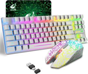 Wireless Gaming Keyboard and Mouse Combo with 87 Key Rainbow LED Backlight Rechargeable 3800mAh Battery Mechanical Feel Anti-ghosting Ergonomic Waterproof RGB Mute Mice for Computer PC Gamer (White)