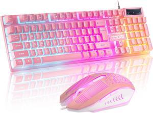 CHONCHOW Pink Gaming Keyboard and Mouse Combo with Backlit, Function Keys, 19 Keys Anti-ghosting for Gamer on PC Laptop Computer Mac PS4 Xbox, Cute Wired Light Up Keyboard & RGB Mouse, Gift for Girl