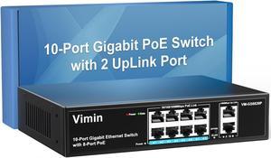 VIMIN 8 Port Gigabit PoE Switch with 2 Uplink Gigabit Ports, 10 Port Unmanaged Ethernet PoE Switch with 120W Power, Support IEEE802.3af/at, VLAN, Metal Housing, Desktop or Wall-Mount, Plug & Play