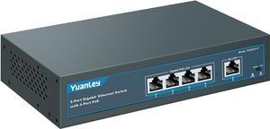 YuanLey 5 Port Gigabit PoE Switch with 4 Port PoE, 802.3af/at 78W Built-in Power, Fanless Metal Unmanaged Plug & Play