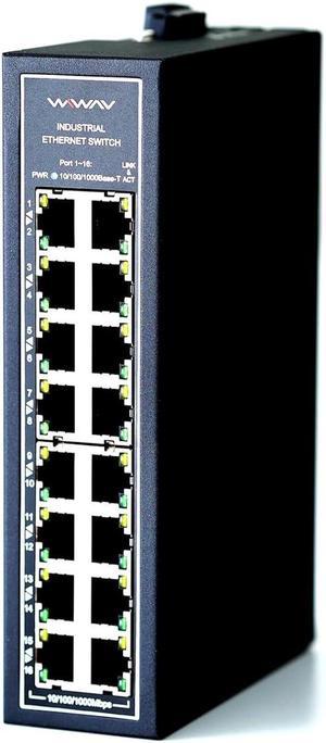 WIWAV WDH-16GT-DC 10/100/1000Mbps Unmanaged 16-Port Gigabit Industrial Ethernet Switches with DIN Rail/Wall-Mount (cUL Listed, Fanless, -30°C~75°C)