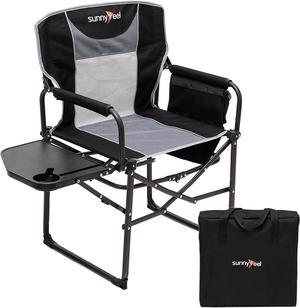 SunnyFeel Camping Director Chair, Portable Folding Chair with Side Table and Storage Pouches, Compact Heavy Duty for Adults Outdoor (Black)