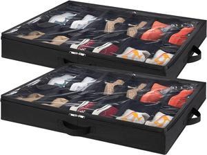 Lifewit Under Bed Shoe Storage Organizer Set of 2, Foldable Fabric Shoes Container Box with Clear Cover See Through Window Storage Bag with 2 Handles Total Fits 24 Pairs of Shoes, Black