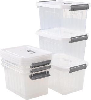 Sandmovie 6 Liter Small Plastic Clear Storage Bin with White Lid and Grey Handles, Portable Latch Box, 6 Packs