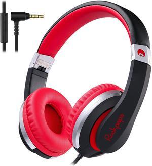 Rockpapa I20 Wired Headphones, Wired Headset On Ear Stereo Headphones with Microphone for Kids Children Adult, Adjustable Headband, Foldable Headphones for Travel/PC/Mac/Laptop/Phone (Black Red)