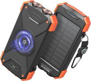 BLAVOR Upgrade Solar Charger Power Bank, Qi Wireless Charger 10,000mAh External Battery Pack Type C Input Output Dual Super Bright Flashlight, Compass Carabiner, Solar Panel Charging (Orange)