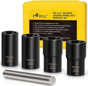 Topec Twist Socket Set Lug Nut Remover Extractor Tool kit- 5 Piece Metric Bolt and Lug Nut Extractor Socket Tools