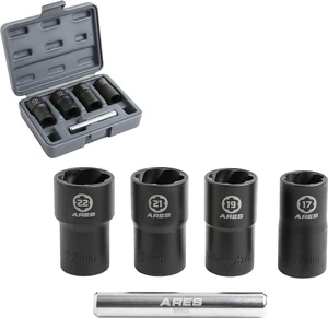 ARES 59013-5-Piece Damaged Lug Nut Remover Socket Set - Includes 17, 19, 21, and 22mm Sockets and 12mm Steel Bar Twist Lug Nut Socket Storage Case Included ARES 59013-5-Piece Damaged Lug Nut Remover Socket Set - Includes 17, 19, 21, and 22mm Sockets and 12mm Steel Bar Twist Lug Nut Socket Storage Case Included