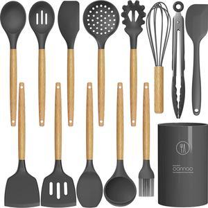 14 Pcs Silicone Cooking Utensils Kitchen Utensil Set - 446°F Heat Resistant,Turner Tongs, Spatula, Spoon, Brush, Whisk, Wooden Handle Gray Kitchen Gadgets with Holder for Nonstick Cookware (BPA Free)