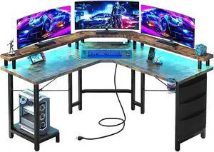 Flrrtenv L Shaped Gaming Desk with LED Lights & Power Outlets, 51" Corner Computer Desk with Full Size Monitor Stand, Storage Bag & CPU Stand for Home Office, Rustic Brown