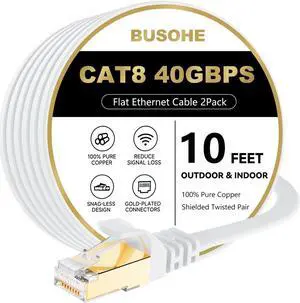 BUSOHE CAT8 Ethernet Cable 10ft 2Pack, High Speed Flat Internet Computer Patch Cord, 40Gbps 2000Mhz Faster Than Cat7/Cat6/Cat5, RJ45 Flat Cable Shielded in Wall, Indoor/Outdoor White