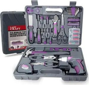 44PCS 4V Cordless Screwdriver Tool Kit Set Pink Color Tools Lady Tools Kit Home Repair Set Toolbox Hand Tool Kit Storage Case Gift Set LADYCRAFT