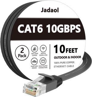 Cat 6 Ethernet Cable 10 Ft (2Pack), Outdoor&Indoor, 10Gbps Support Cat 7 Network, Heavy Duty Flat Internet LAN Patch Cord, High Speed Weatherproof Cable for Router, Modem, Xbox, PS4, Switch, Black